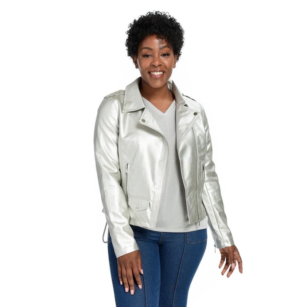 Mod x Metallic Faux Leather Asymmetrical Zip Moto Jacket...